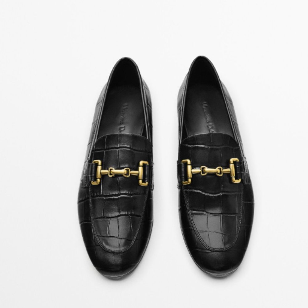 Massimo Dutti Black Leather Loafers with metal buckles NWT